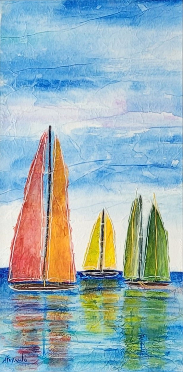 Trois voiliers sur l'eau. Tableau partie deux d'un diptyque. Acryliqe et papier de soie sur toile